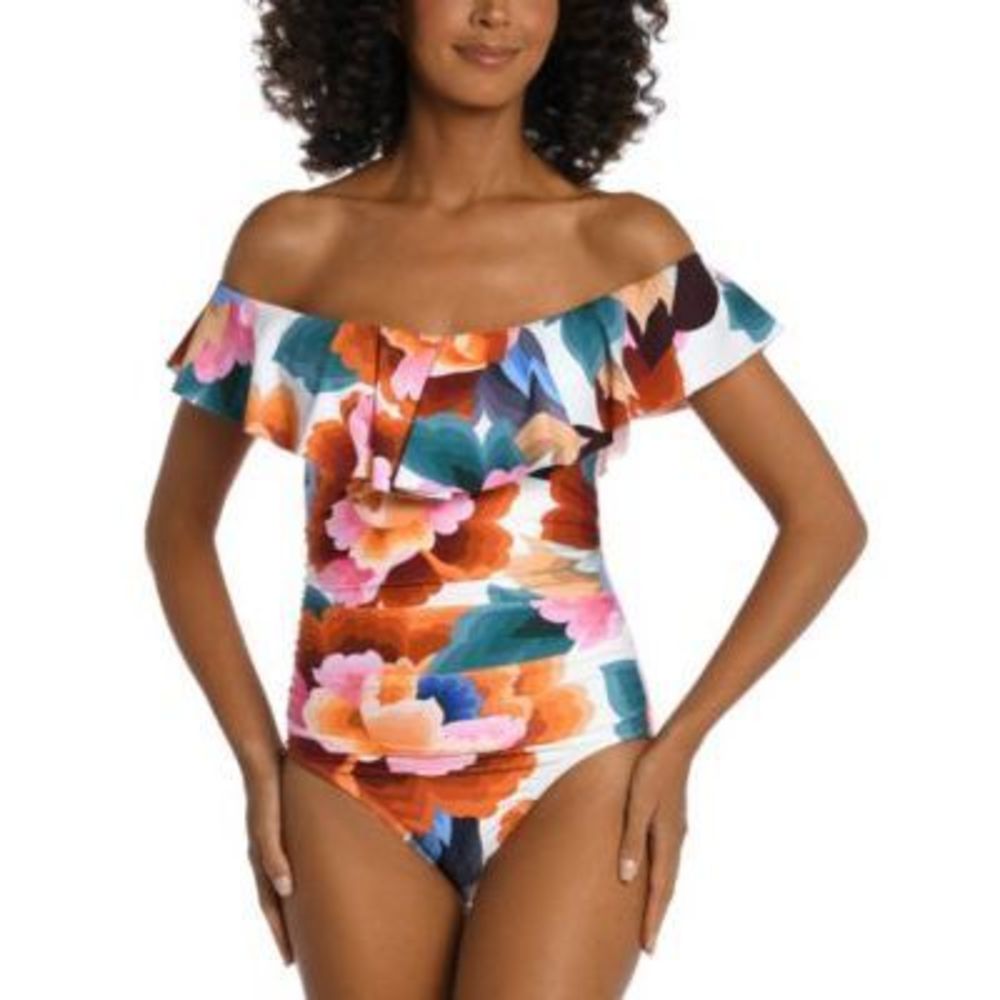 NWT La Blanca Floral Rhythm Off Shoulder Ruffle One Piece White